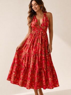 House of Harlow 1960 Red Floral Halter Tiered Linen Maxi Dress